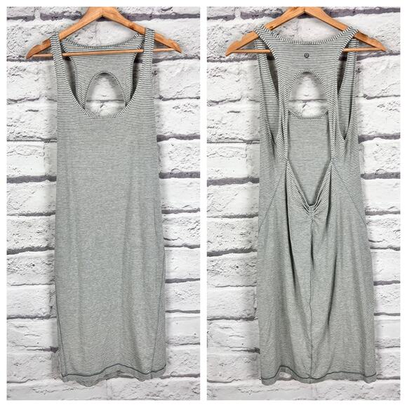 LULULEMON Women's Go For It Hyper Gray White Striped Open Back Scoop Neck Dress - Picture 9 of 9